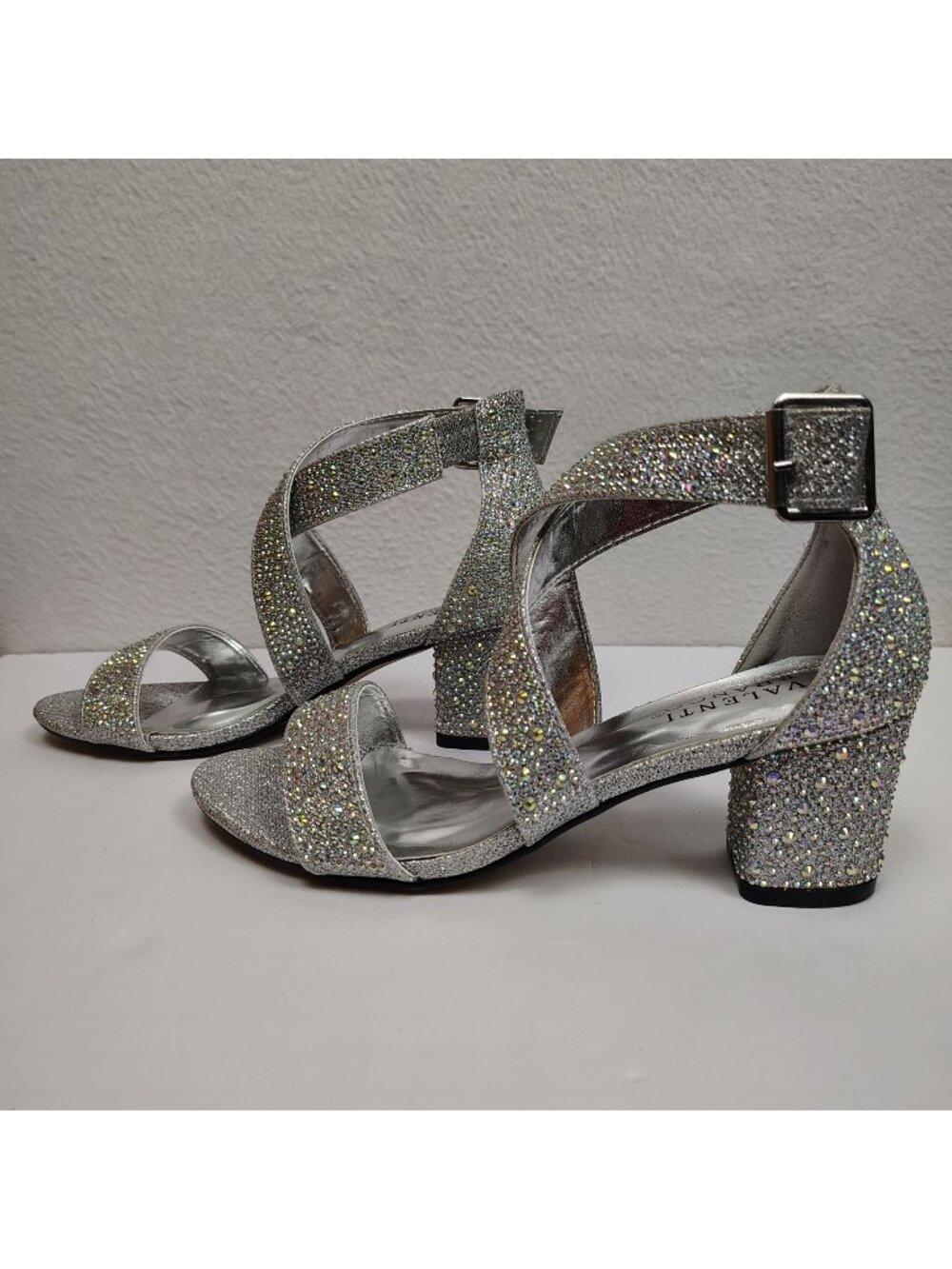 Valenti Franco Silver Rhinestone Heels Strappy Block Heel sz 6.5